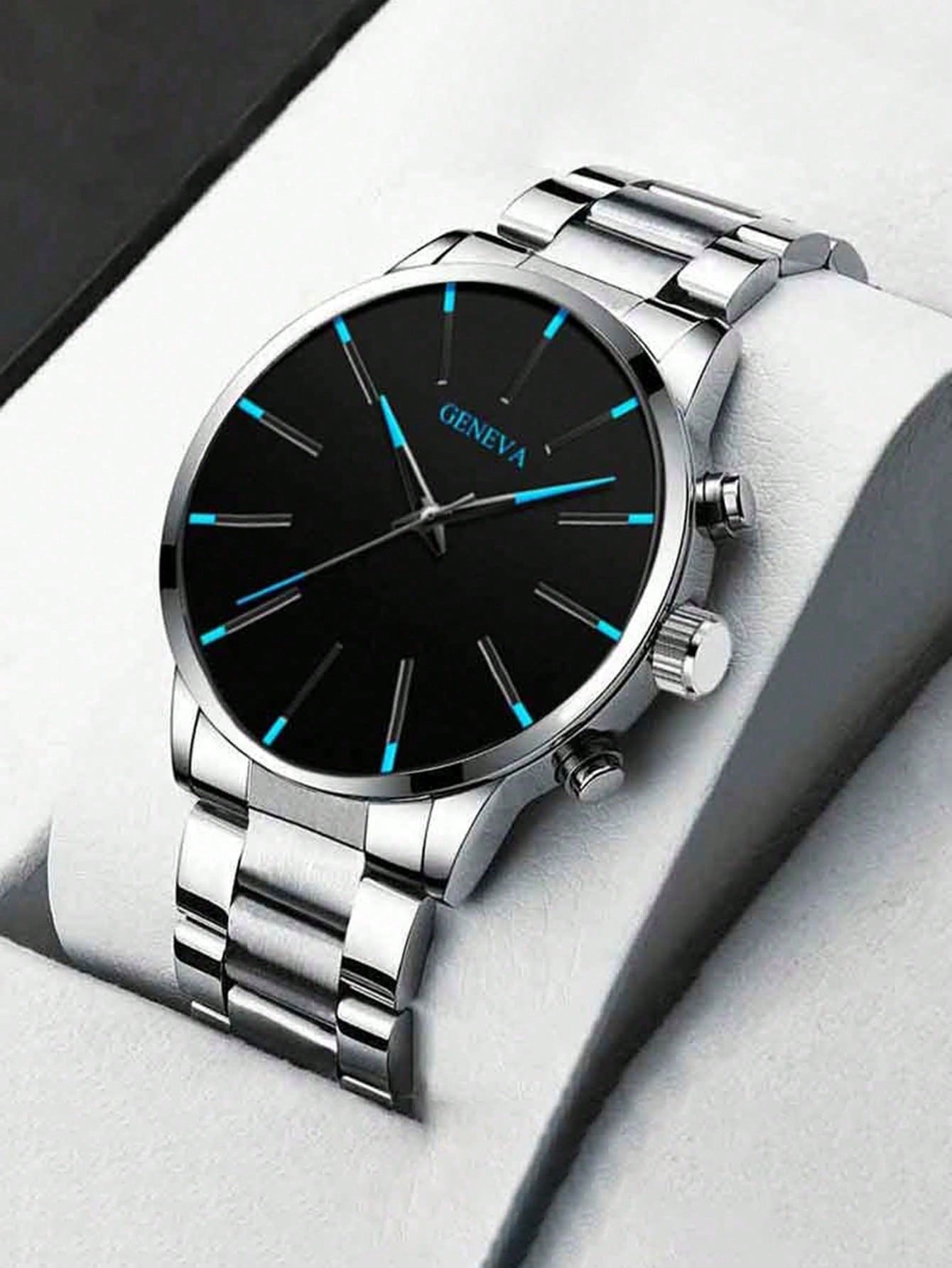 Relógio Cronógrafo Geneva Preto Azul Ponteiros Luminosos Pulseira Aço