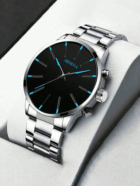 Relógio Cronógrafo Geneva Preto Azul Ponteiros Luminosos Pulseira Aço