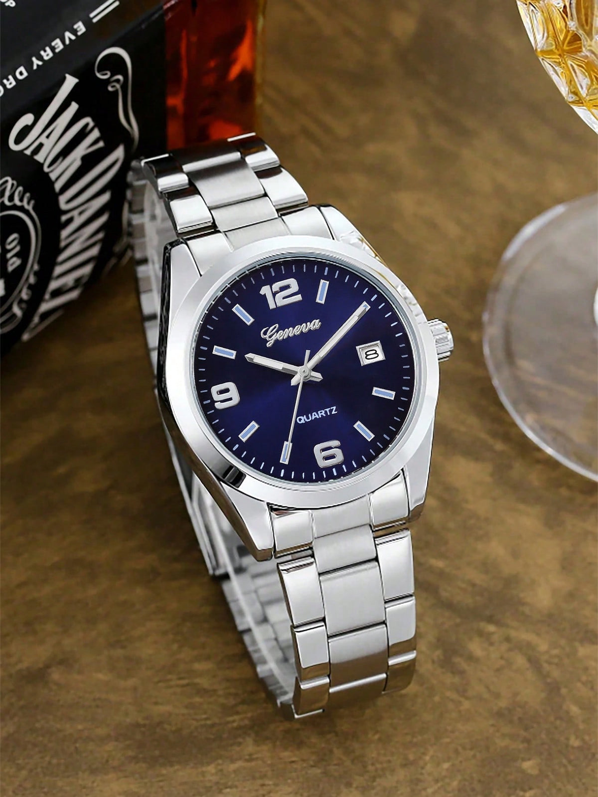 Relógio Azul Pulseira Malha Prata Data Janela