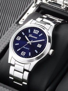 Relógio Azul Pulseira Malha Prata Data Janela