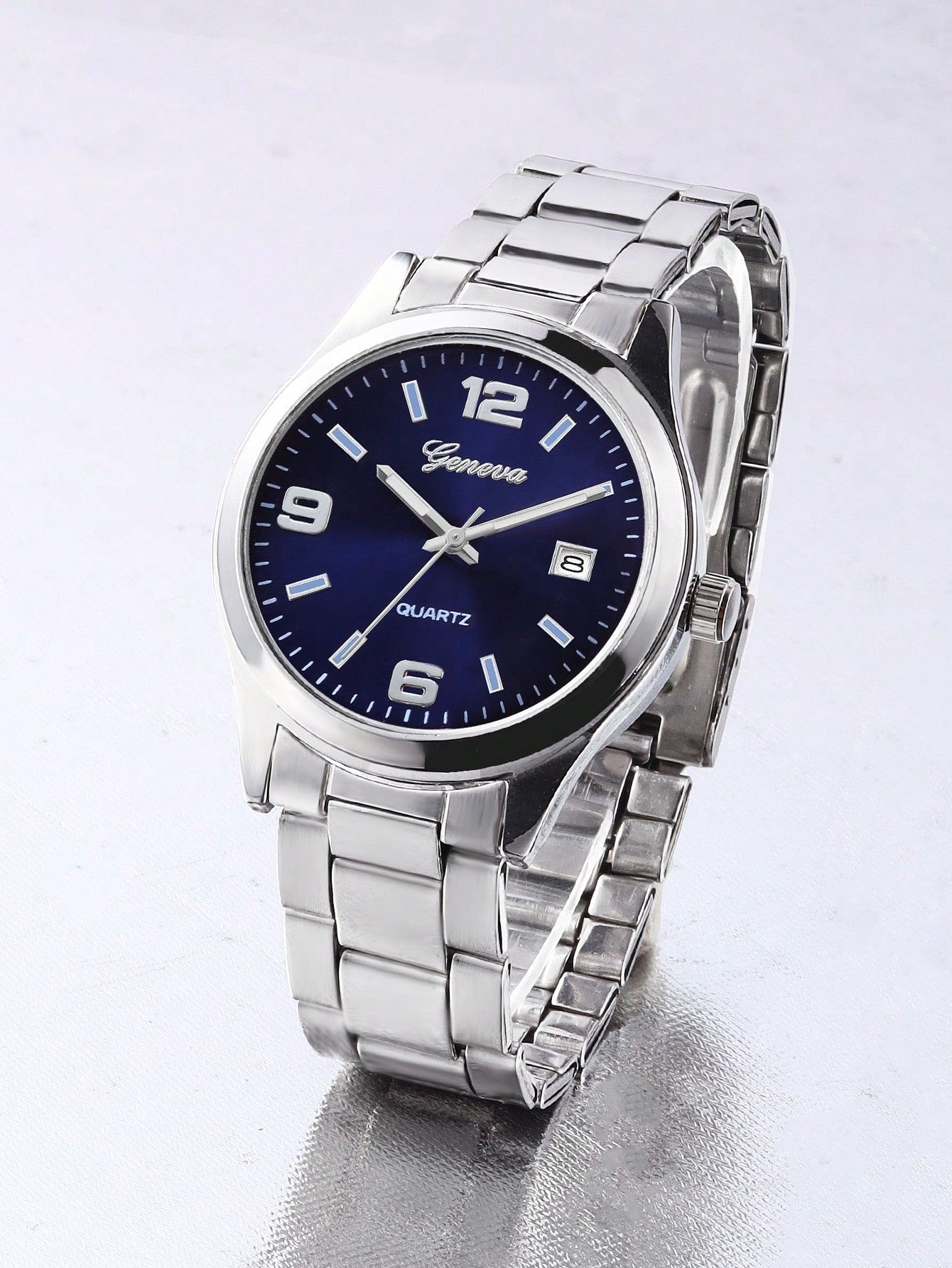 Relógio Azul Pulseira Malha Prata Data Janela