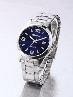 Relógio Azul Pulseira Malha Prata Data Janela