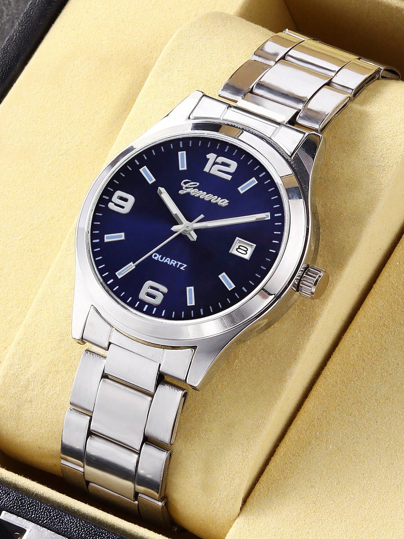 Relógio Azul Pulseira Malha Prata Data Janela