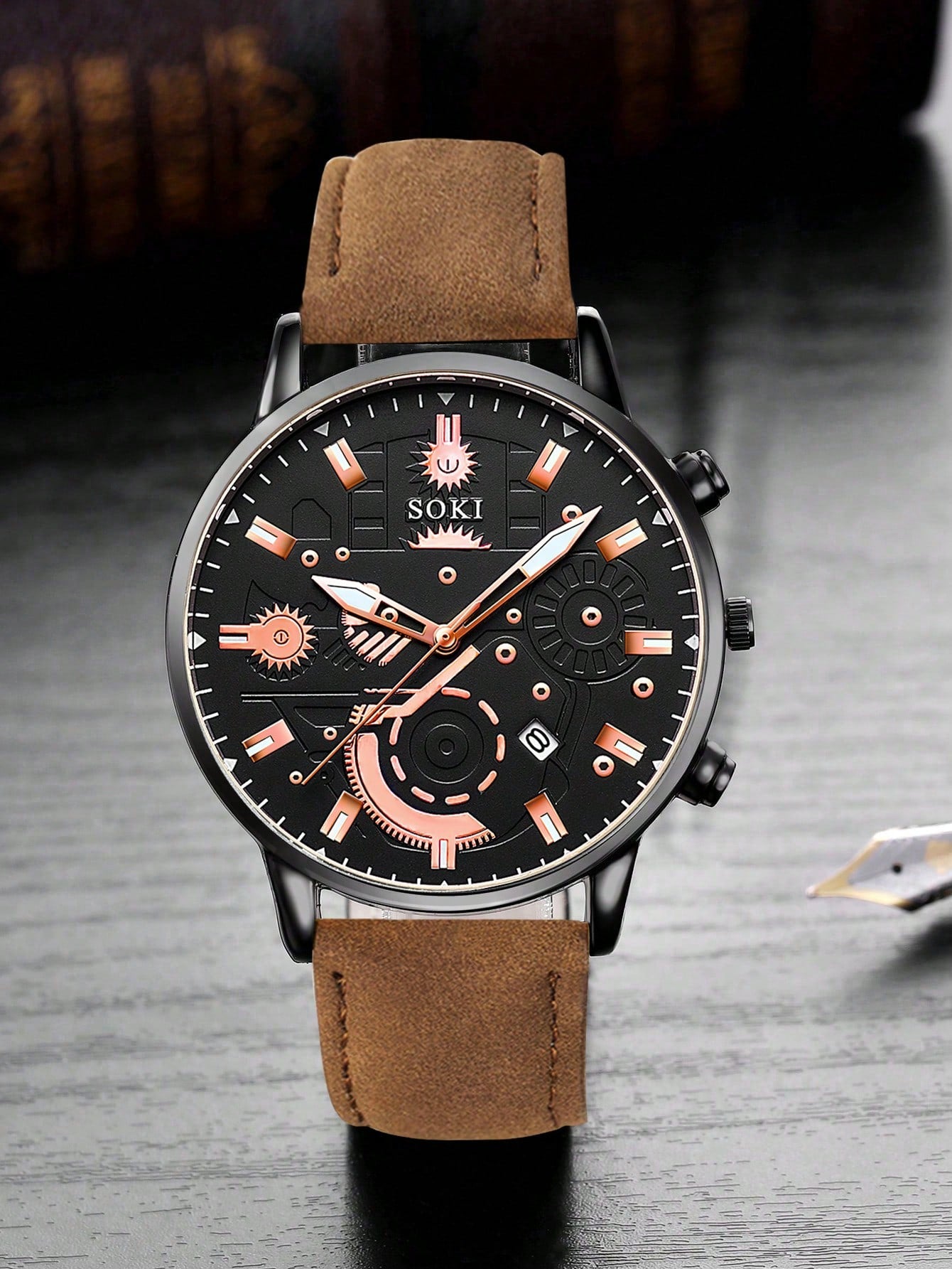 Relógio Masculino Cronógrafo Design Estelar Pulseira Couro