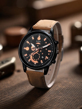 Relógio Masculino Cronógrafo Design Estelar Pulseira Couro