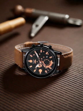 Relógio Masculino Cronógrafo Design Estelar Pulseira Couro