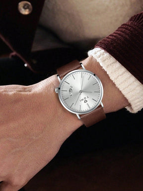 Relógio Minimalista Pulseira Couro Janela Data Elegante