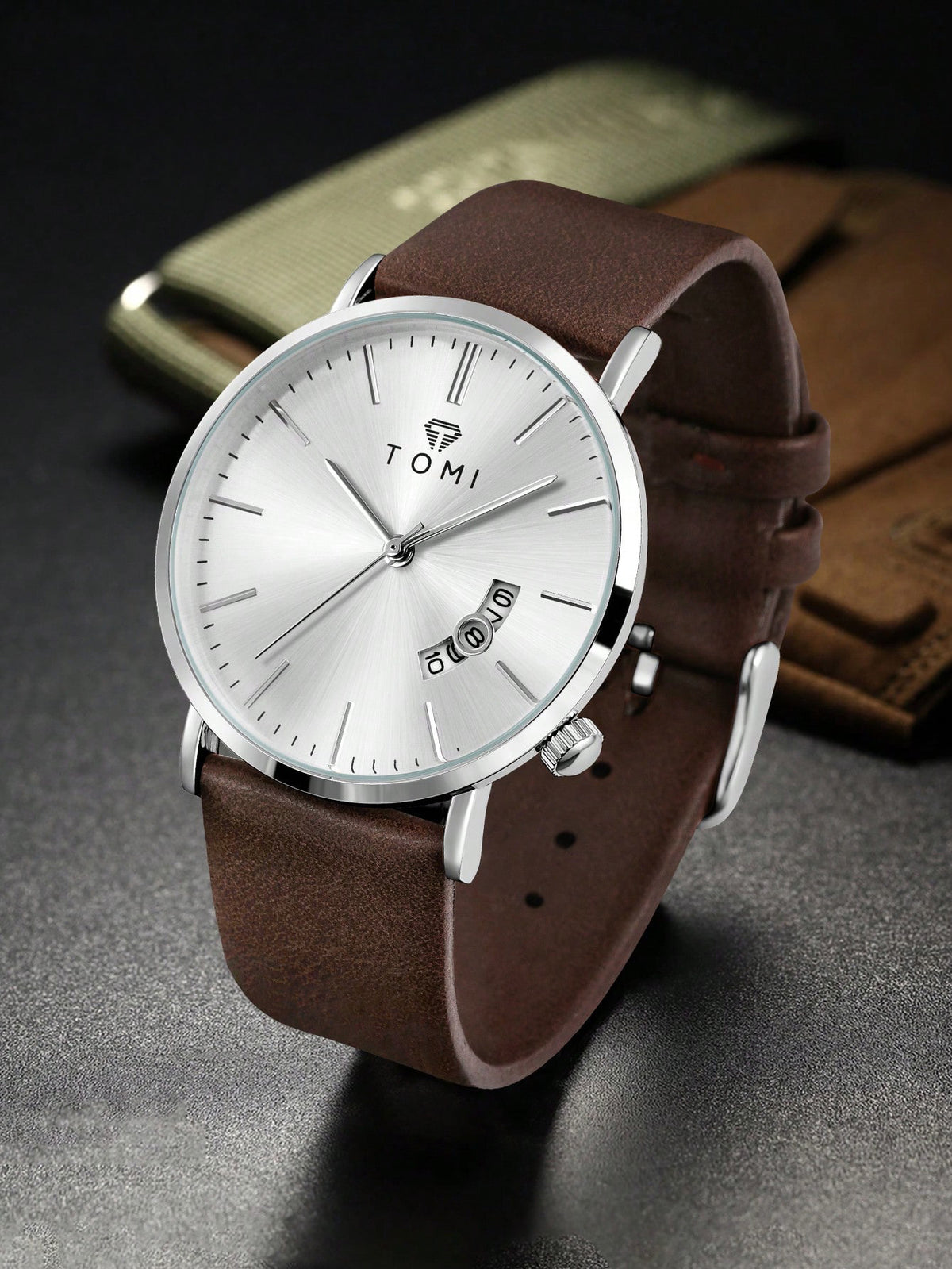 Relógio Minimalista Pulseira Couro Janela Data Elegante