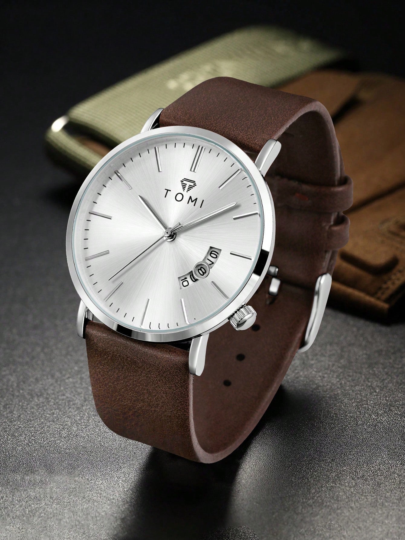 Relógio Minimalista Pulseira Couro Janela Data Elegante