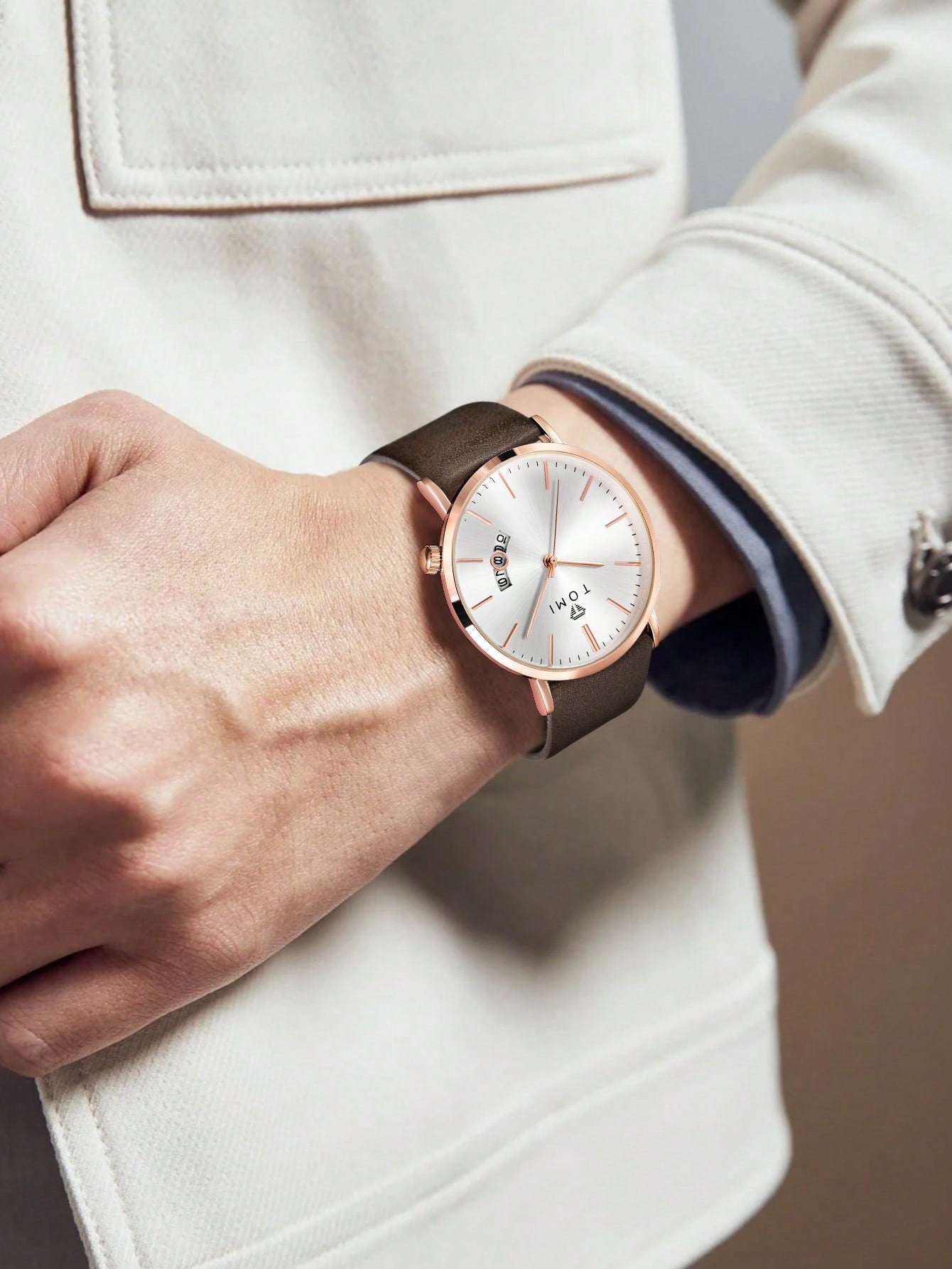 Relógio Minimalista Pulseira Couro Data Janela Simples