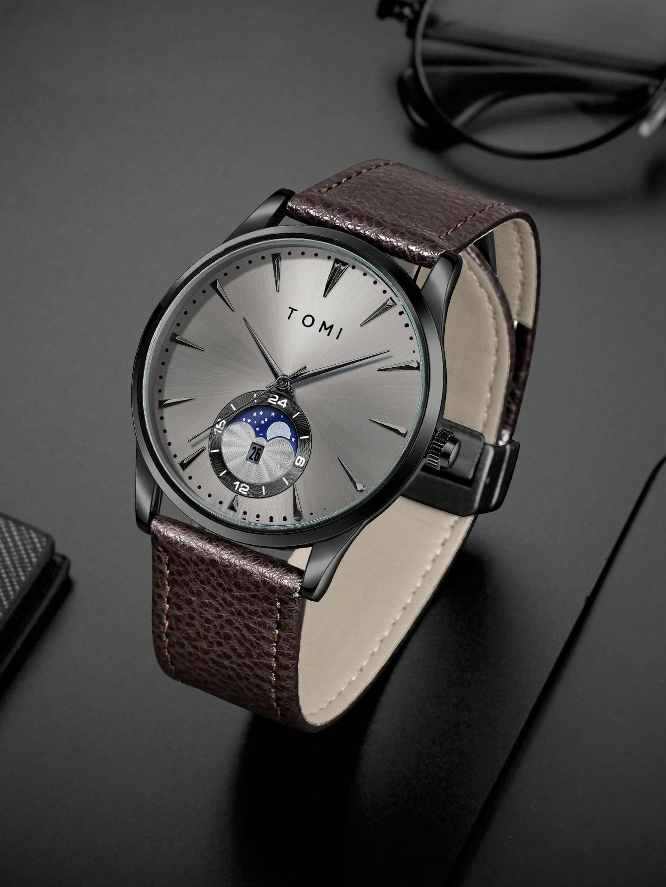 Relógio Minimalista Pulseira Couro Mostrador Duplo