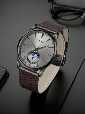 Relógio Minimalista Pulseira Couro Mostrador Duplo