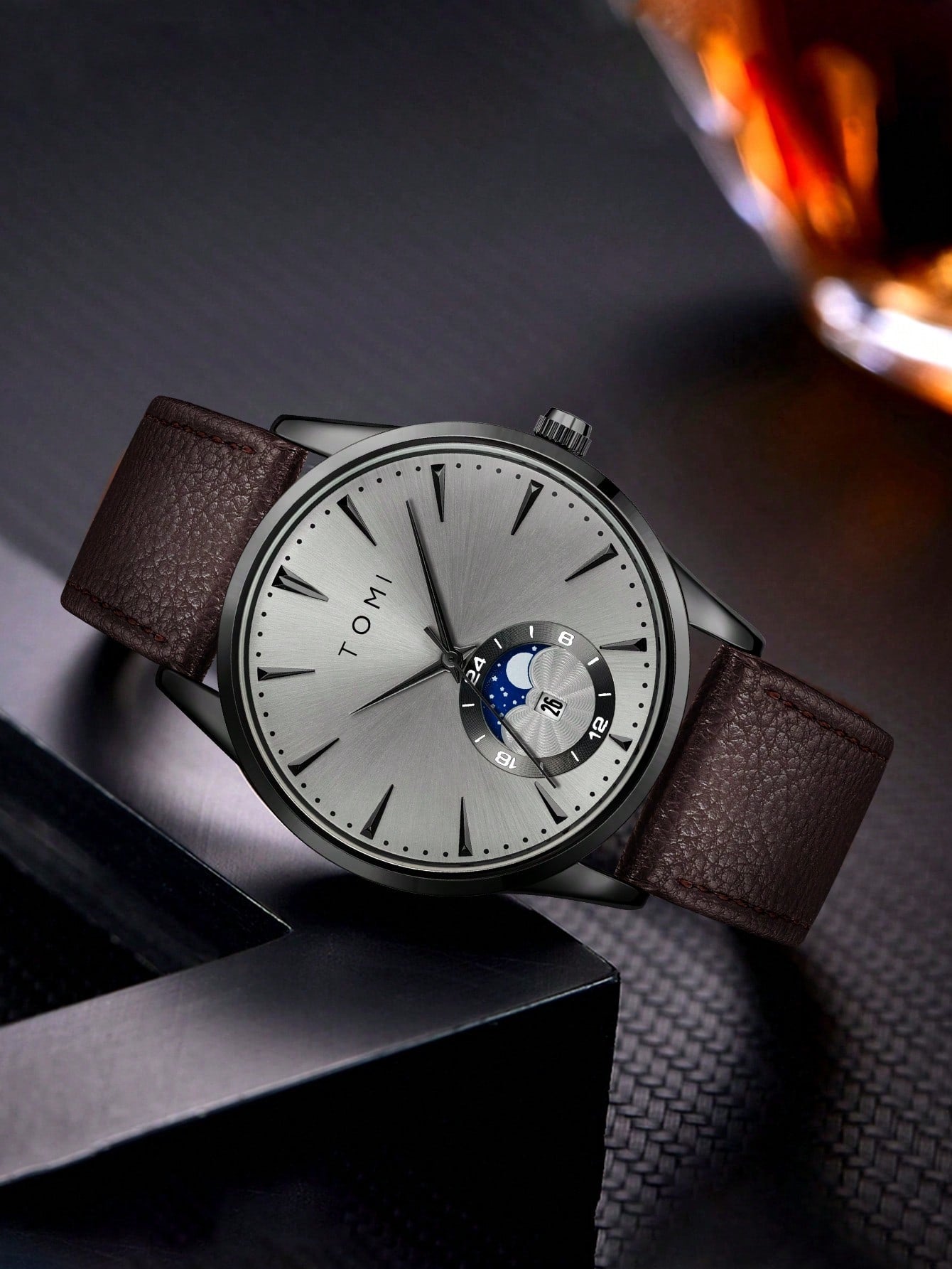 Relógio Minimalista Pulseira Couro Mostrador Duplo