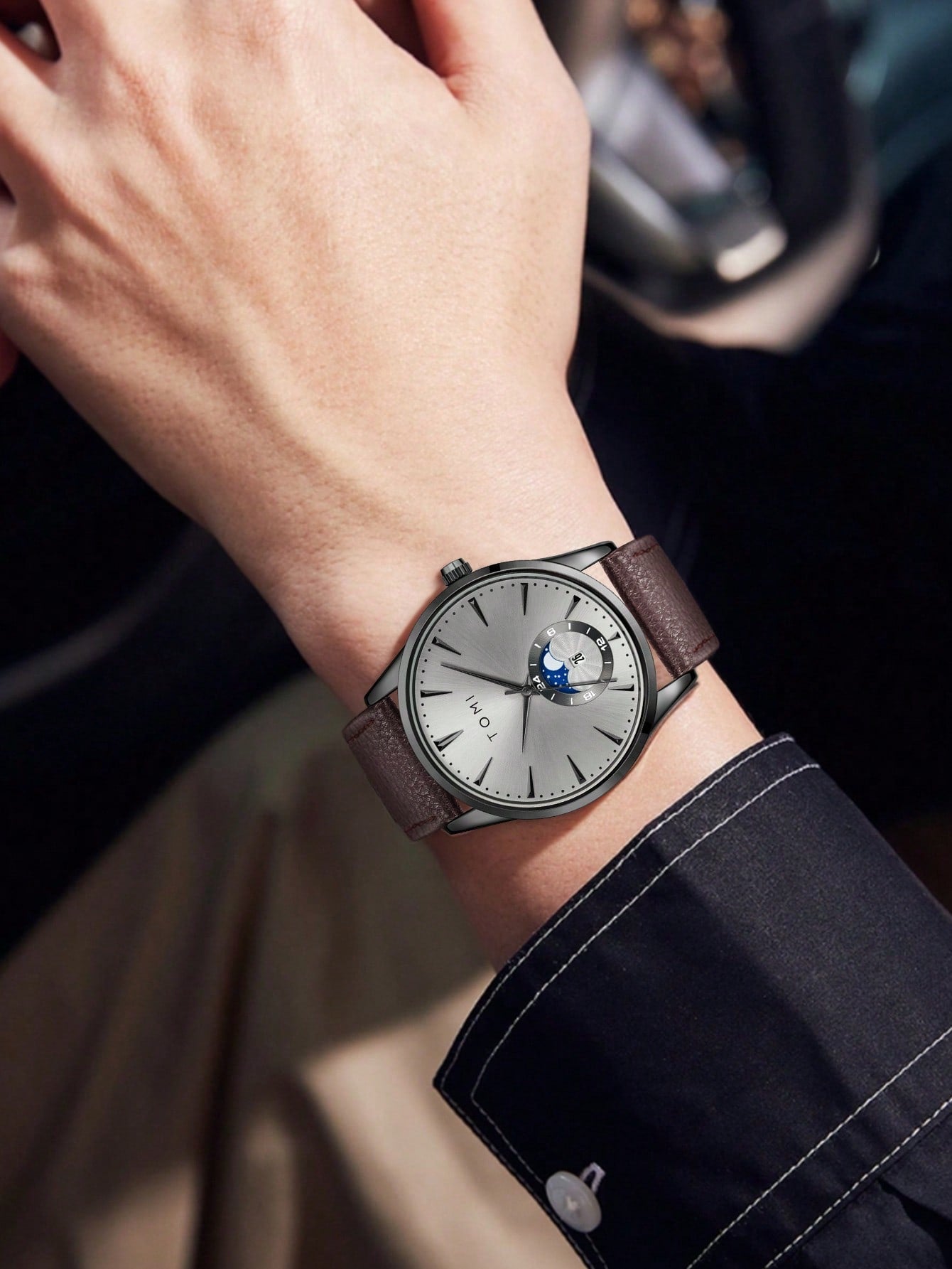 Relógio Minimalista Pulseira Couro Mostrador Duplo