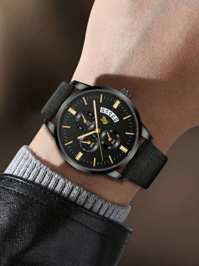 Relógio Masculino Pulseira Couro Cronógrafo Completo