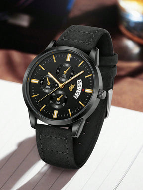 Relógio Masculino Pulseira Couro Cronógrafo Completo