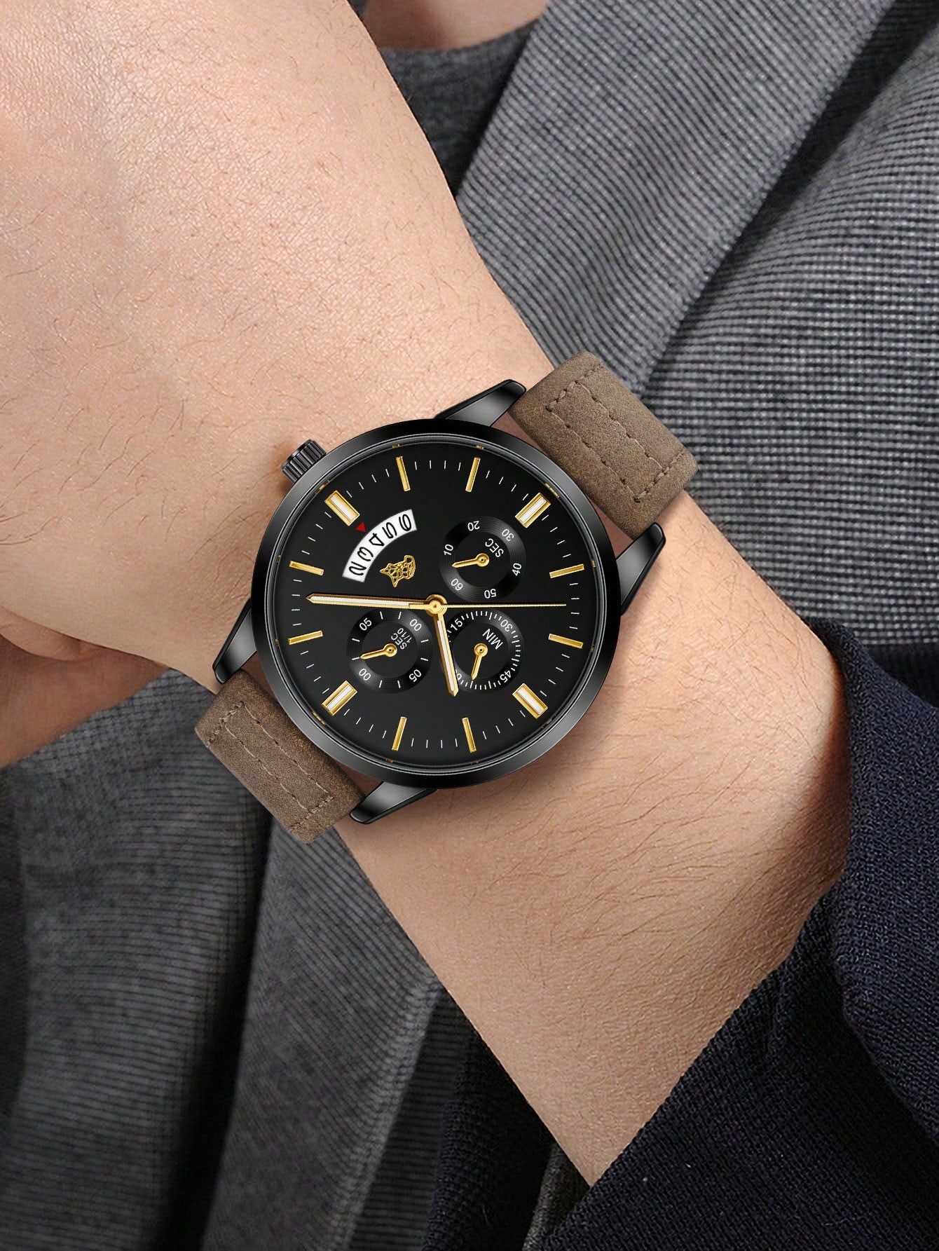 Relógio Masculino Pulseira Couro Cronógrafo Completo