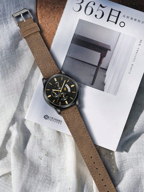 Relógio Masculino Pulseira Couro Cronógrafo Completo