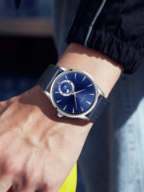 Relógio Minimalista Pulseira Couro Mostrador Duplo