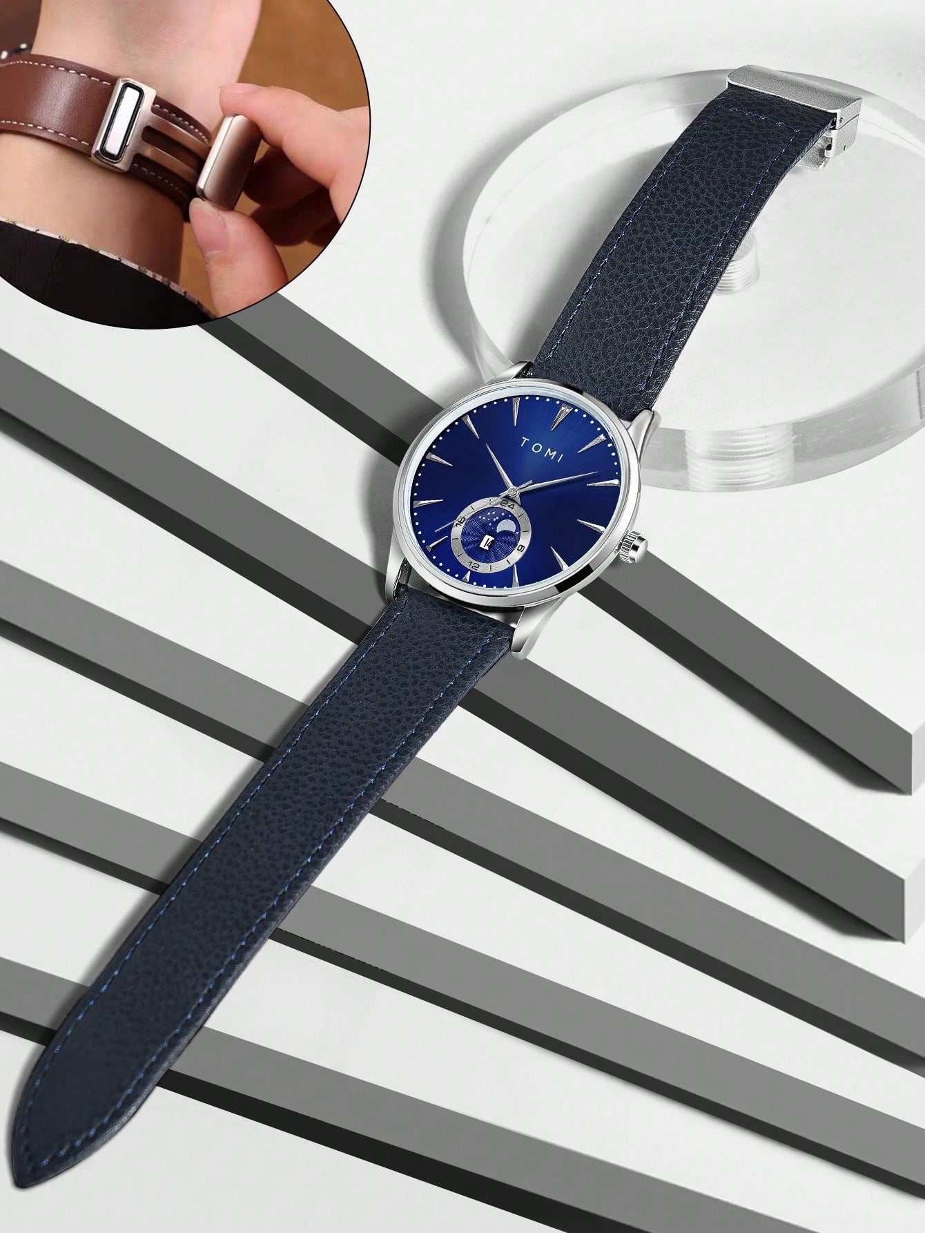 Relógio Minimalista Pulseira Couro Mostrador Duplo