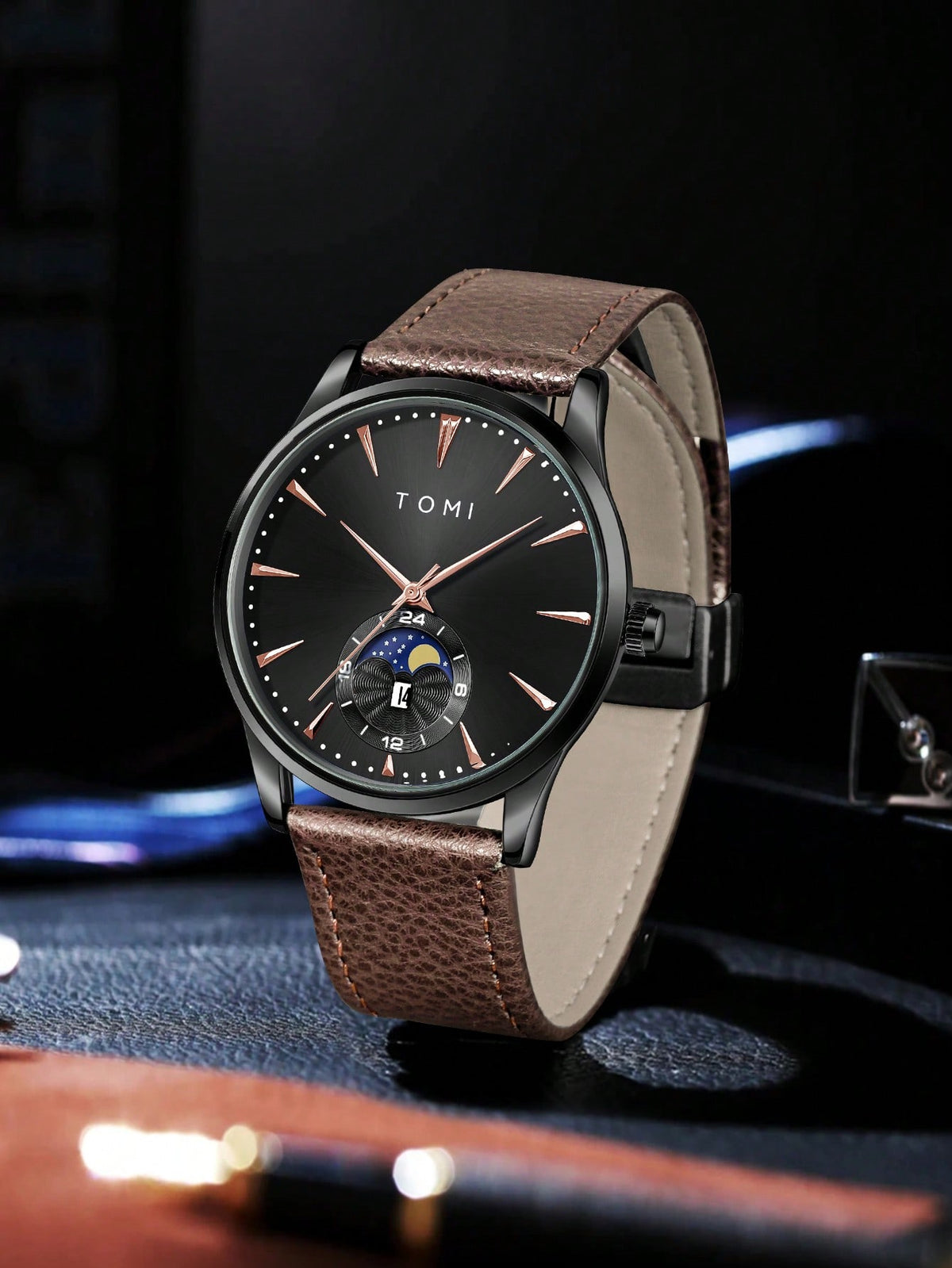 Relógio Minimalista Pulseira Couro Fase Lua Data