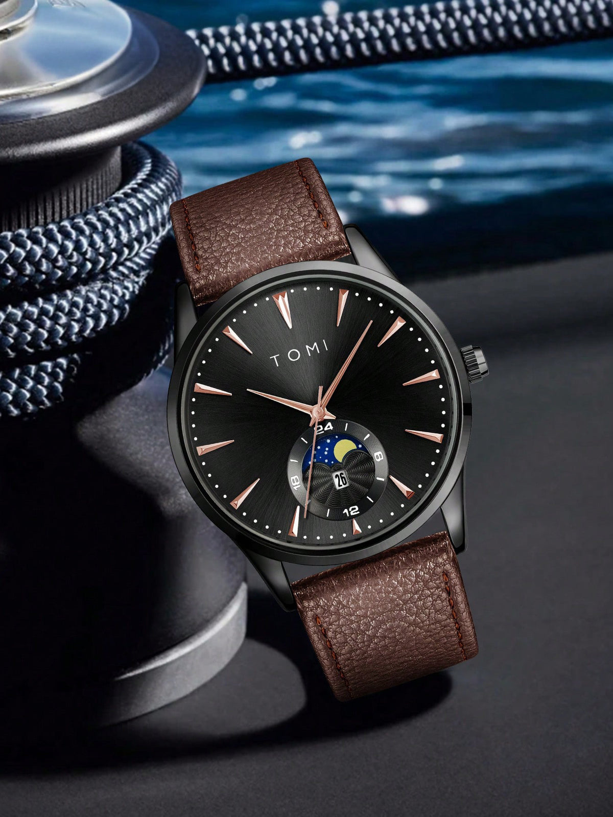 Relógio Minimalista Pulseira Couro Fase Lua Data