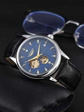 Relógio Masculino Automático Open Heart Com Pulseira De Couro Elegante