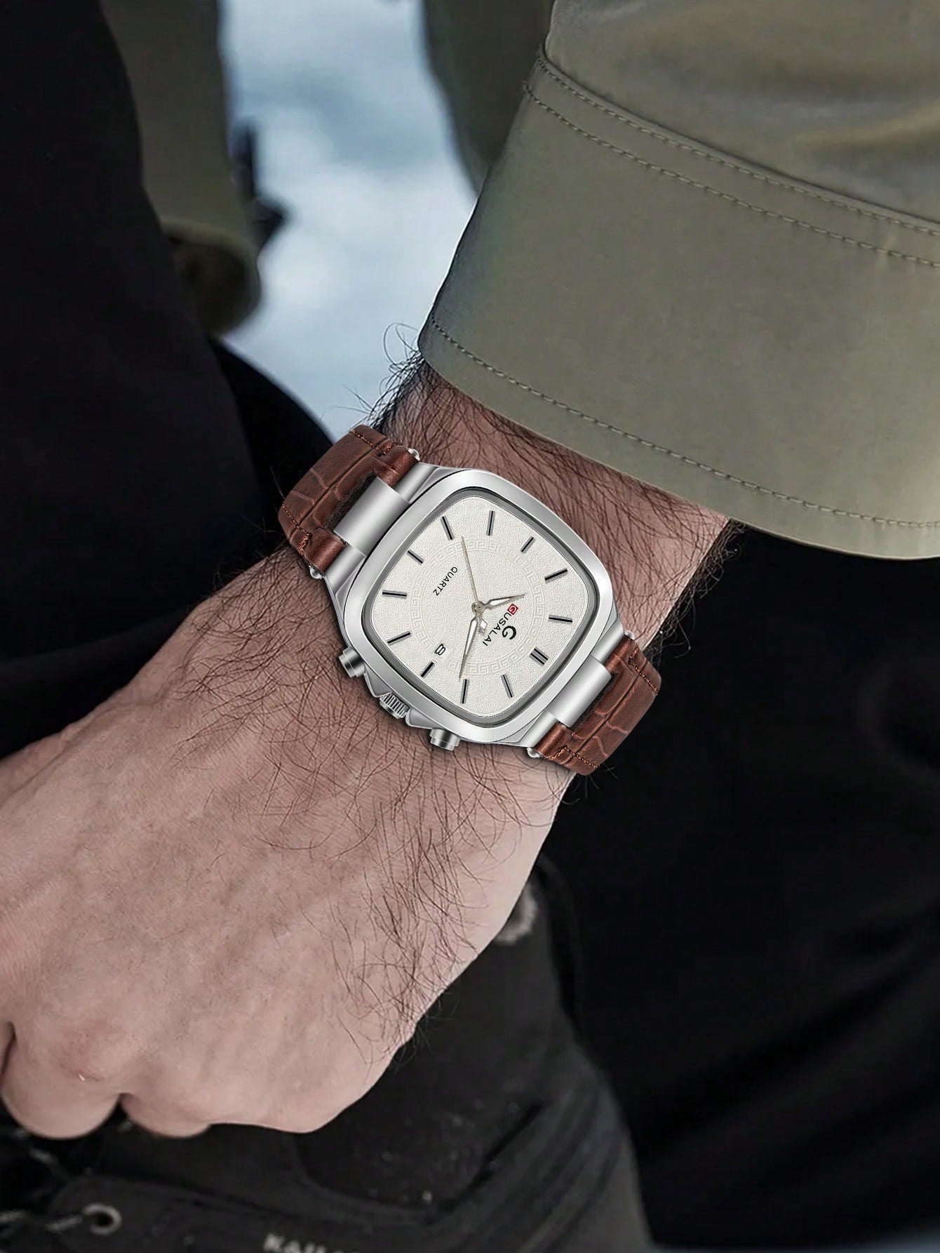 Relógio Masculino Caixa Quadrada Pulseira Couro