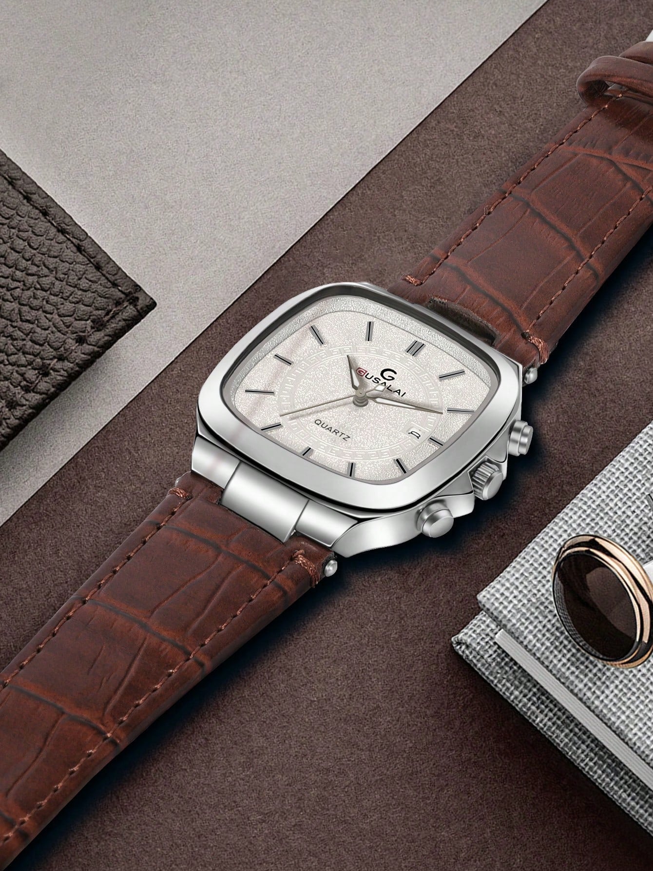 Relógio Masculino Caixa Quadrada Pulseira Couro