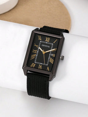 Relógio Masculino Caixa Quadrada Números Romanos Tecido