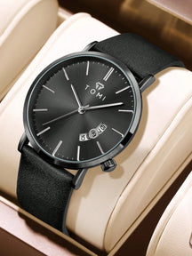 Relógio Prata Pulseira Couro Visor Calendário Janela