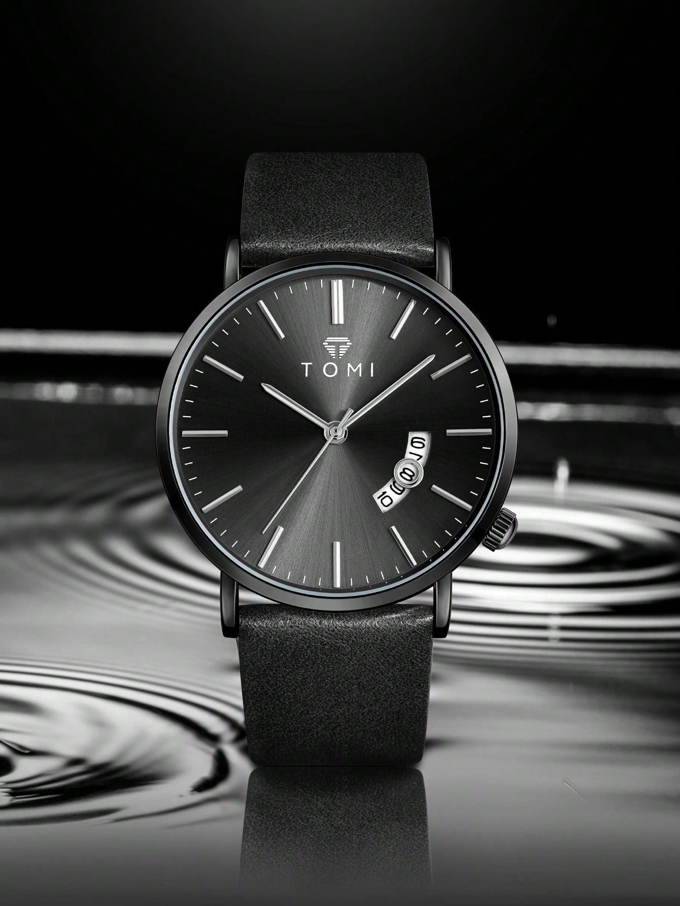 Relógio Prata Pulseira Couro Visor Calendário Janela