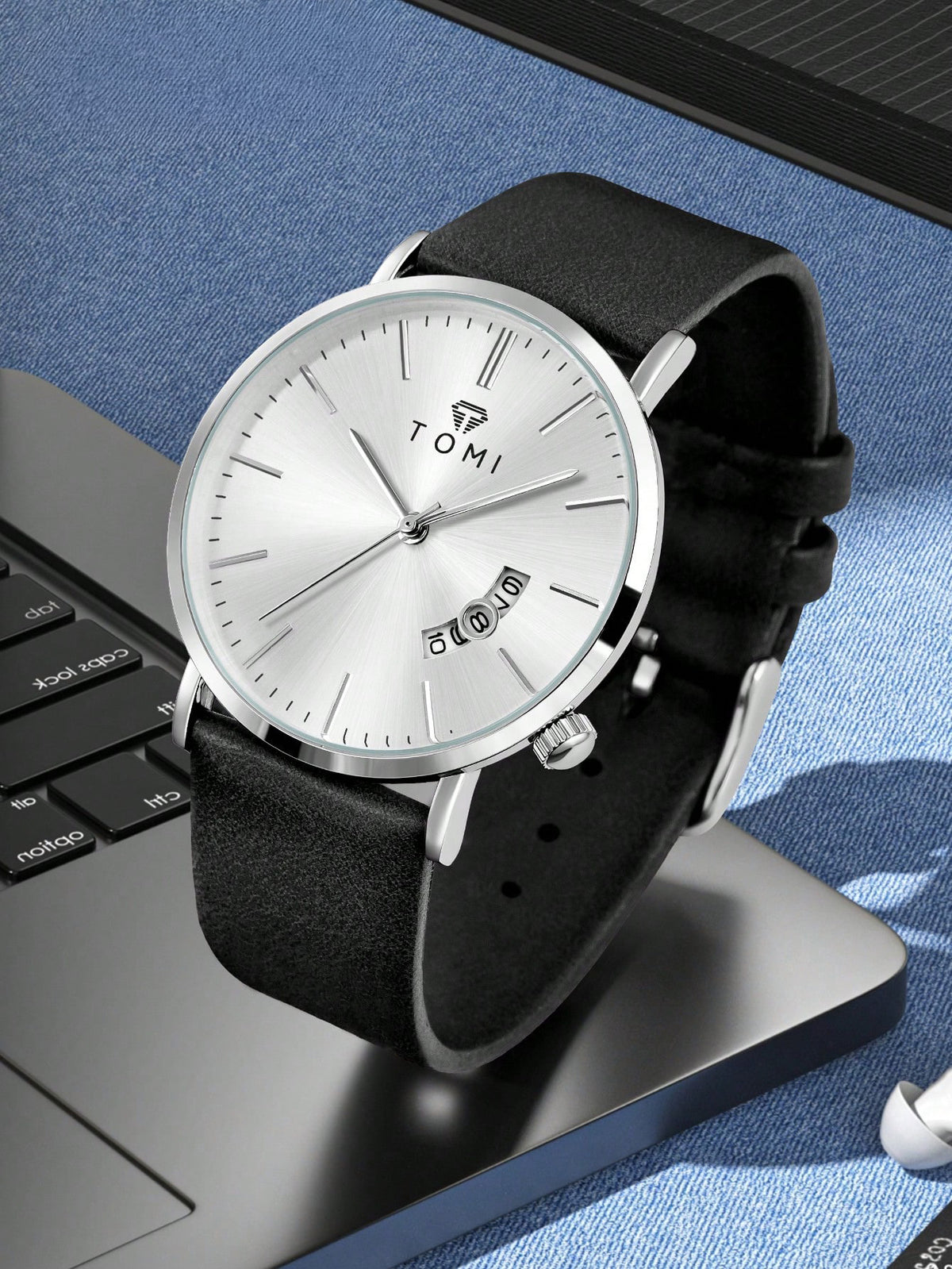 Relógio Minimalista Pulseira Couro Data Janela Dupla