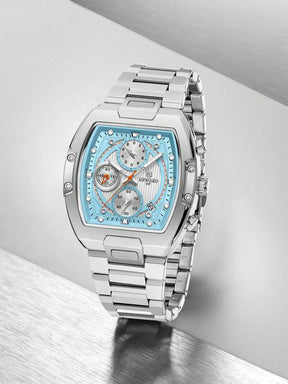 Relógio Cronógrafo Lige Azul Quadrado Pulseira Aço Subdials Esportivos