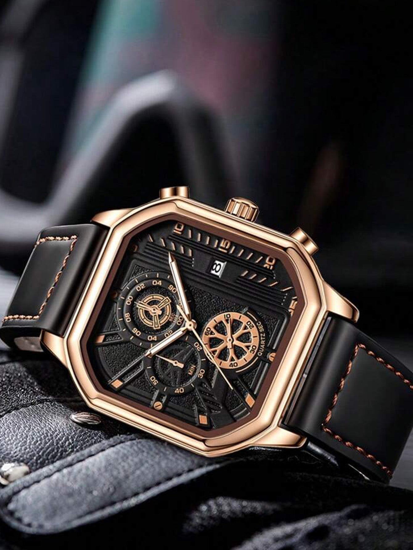 Relógio Dourado Caixa Octogonal Cronógrafo Luxo