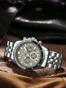 Relógio Cronógrafo Cinza Pulseira Malha Aço Bezel Tonalidade