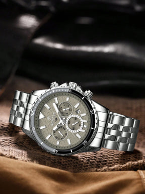 Relógio Cronógrafo Cinza Pulseira Malha Aço Bezel Tonalidade