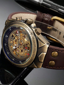 Relógio Masculino Automático Skeleton Com Pulseira Em Couro Vintage