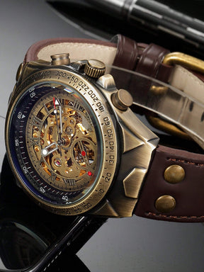 Relógio Masculino Automático Skeleton Com Pulseira Em Couro Vintage