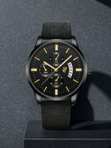 Relógio Masculino Pulseira Couro Cronógrafo Completo