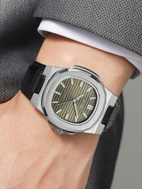 Relógio Prata Caixa Octogonal Mostrador Texturizado Elegante