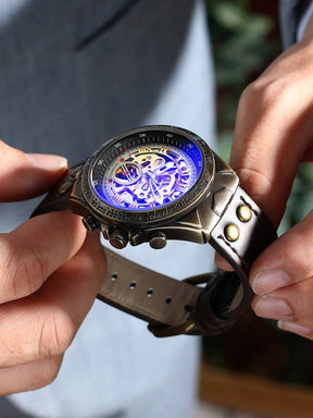 Relógio Masculino Automático Skeleton Com Pulseira Em Couro Vintage