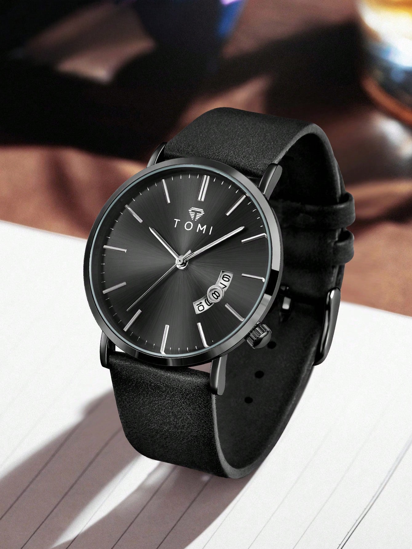 Relógio Prata Pulseira Couro Visor Calendário Janela