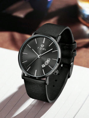 Relógio Prata Pulseira Couro Visor Calendário Janela