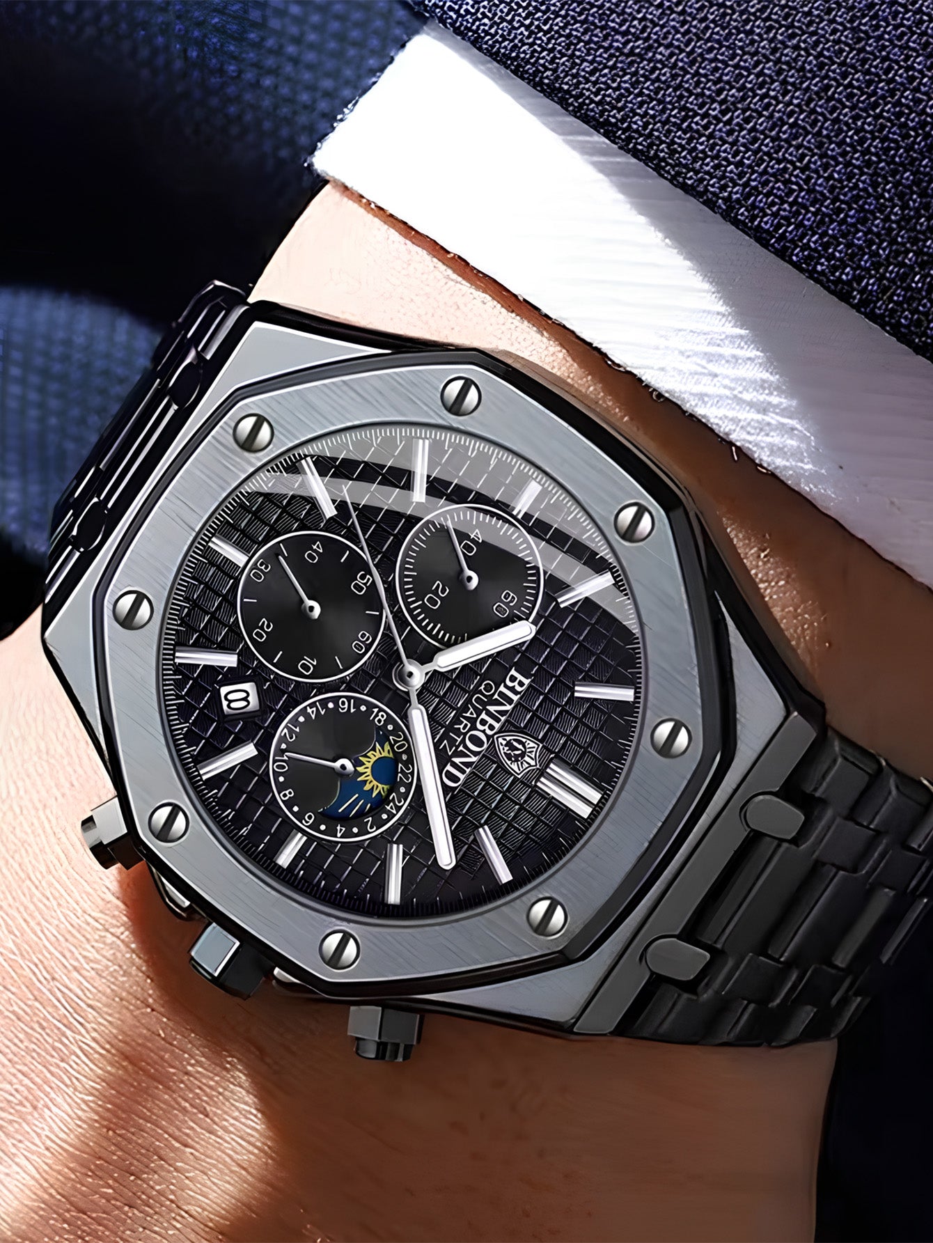 Relógio Masculino Cronógrafo Luxo Caixa Octogonal Em Aço