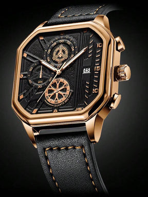 Relógio Dourado Caixa Octogonal Cronógrafo Luxo