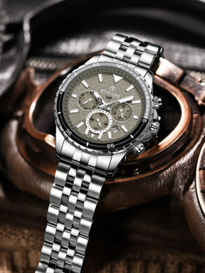 Relógio Cronógrafo Cinza Pulseira Malha Aço Bezel Tonalidade