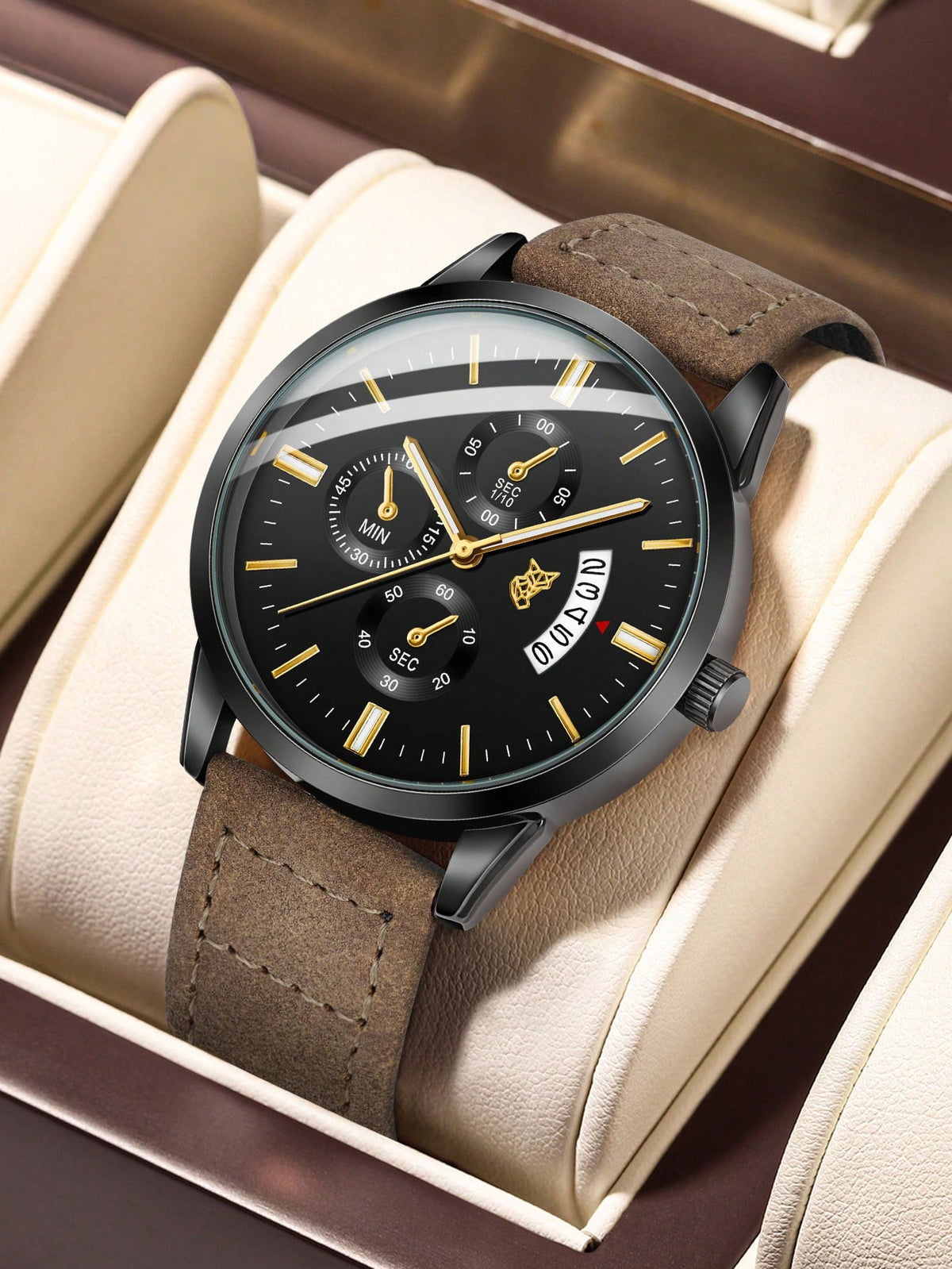 Relógio Masculino Pulseira Couro Cronógrafo Completo