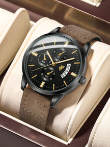 Relógio Masculino Pulseira Couro Cronógrafo Completo