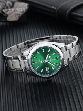 Relógio Quartz Pagani Design Verde Pulseira Aço Inoxidável Data